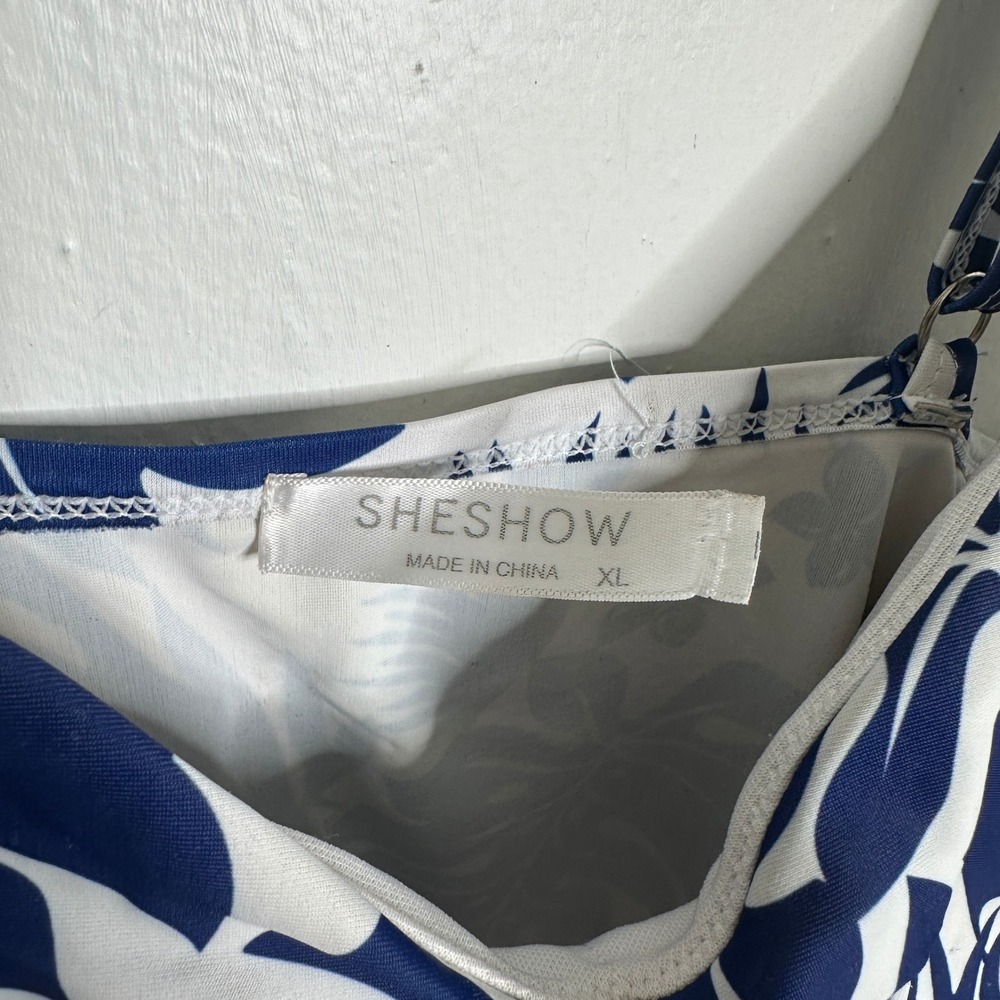 Sheshow Women XL Blue White Tropical Palm Leaf Ruched One Piece Swimsuit READ - Picture 2 of 5
